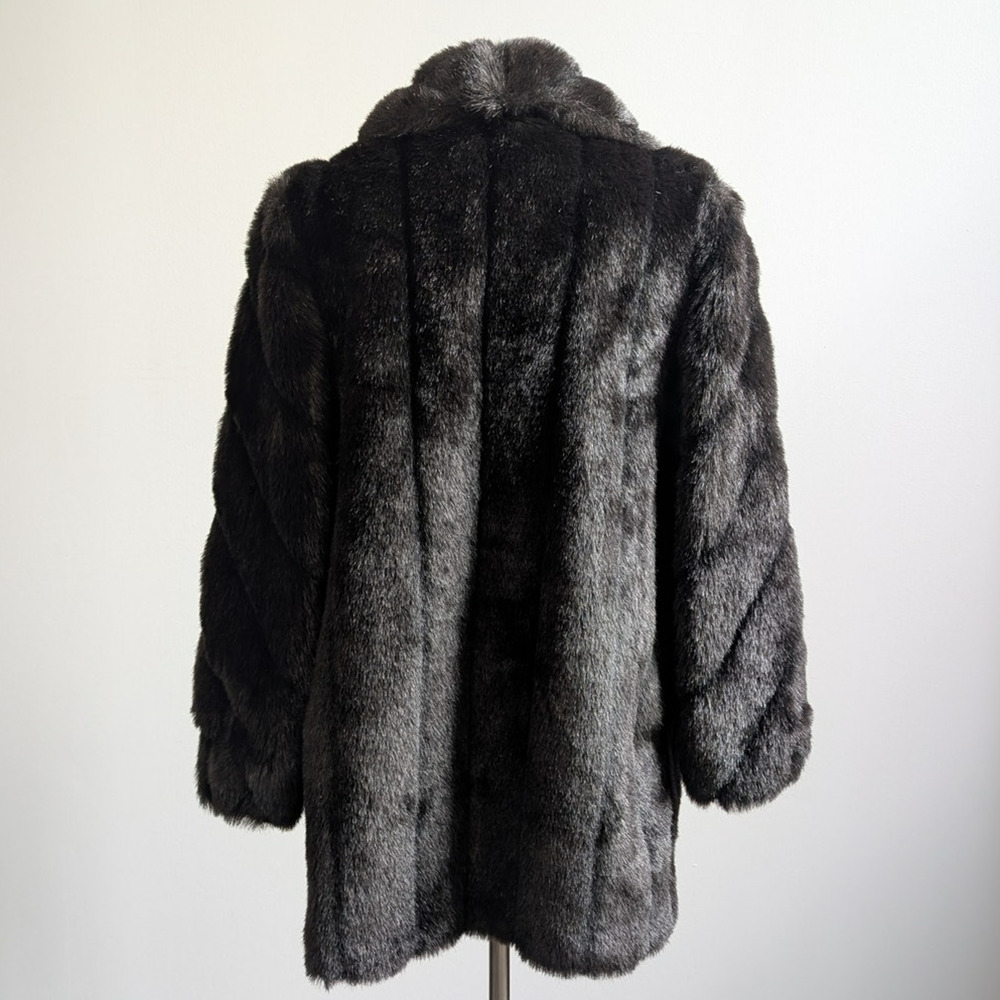 Vintage Black Faux Fur Coat Fur Trim Jacket Mob Wife Minimalist Goth Chic Medium - Picture 4 of 12